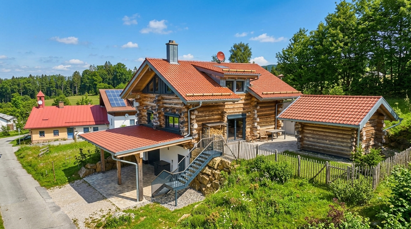 Blockhaus-Chalet WoidSinn im Sommer &ndash; eingez&auml;unter Garten und separate Saunah&uuml;tte im Bayerischen Wald