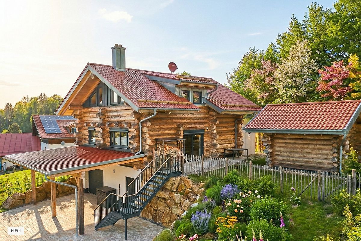 Blockhaus-Chalet WoidSinn mit Garten und Saunahütte im Sommer (KI-generierte Darstellung)